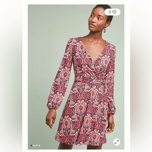Anthropologie Maeve Red and Purple Paisley Belted Dress Size XSP